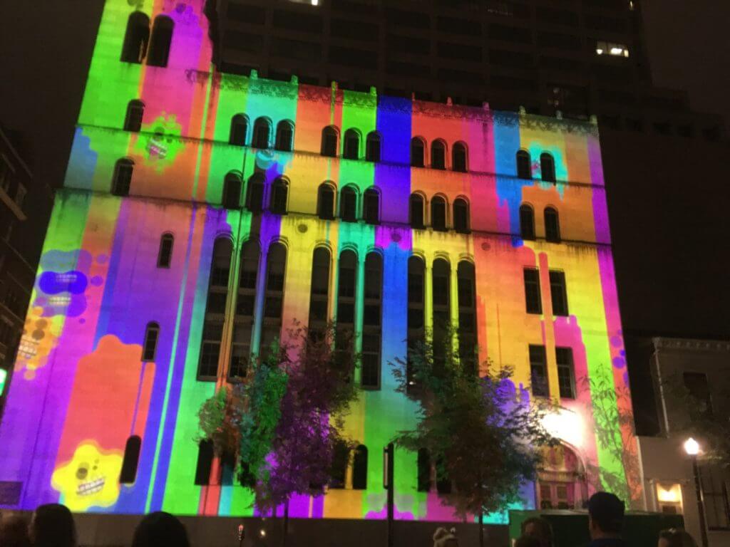 A building painted by light during Blink! 